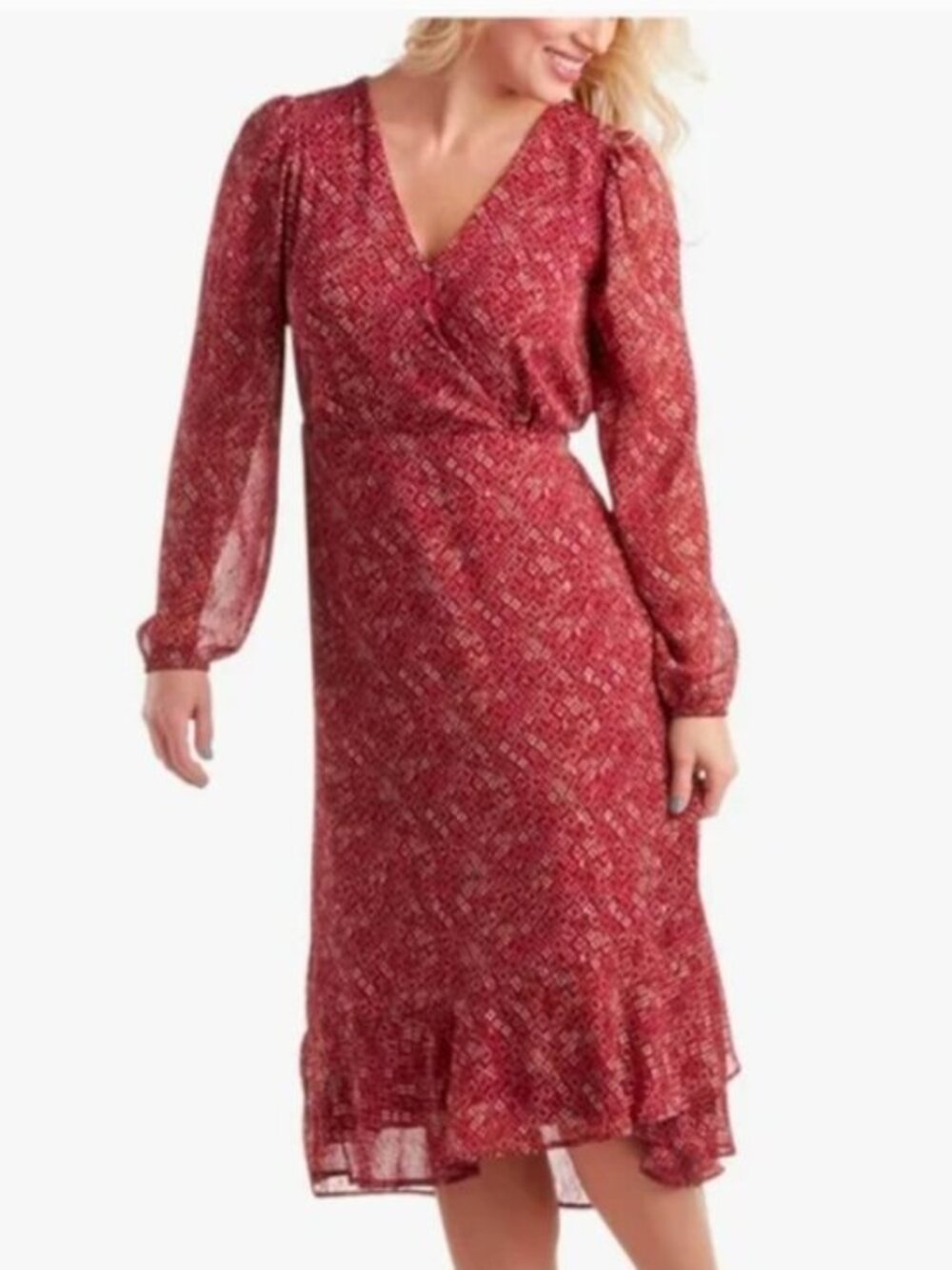 Lucky Brand Red Long Sleeve Boho Midi Dress Size Medium